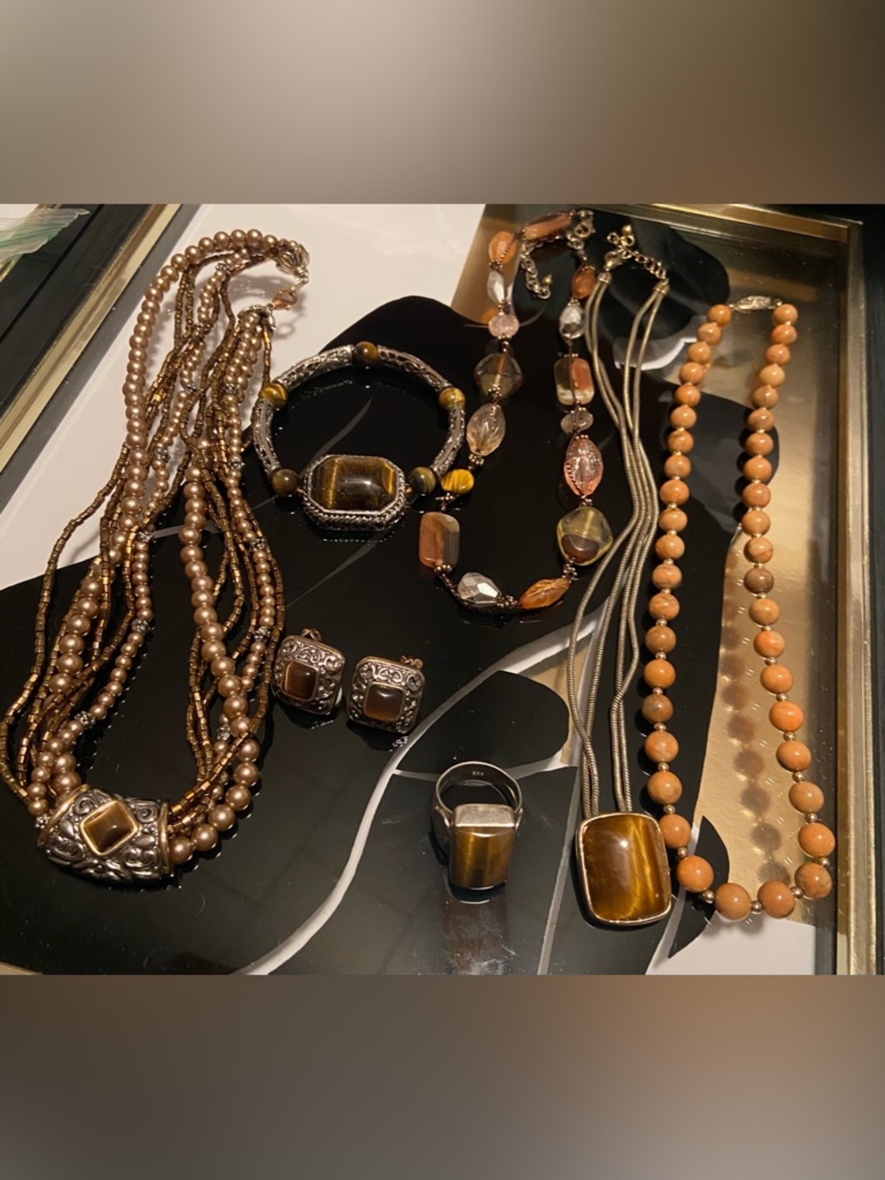 Vintage Tiger Eye and Brown Bead Womens Jewelry Lot- # 2